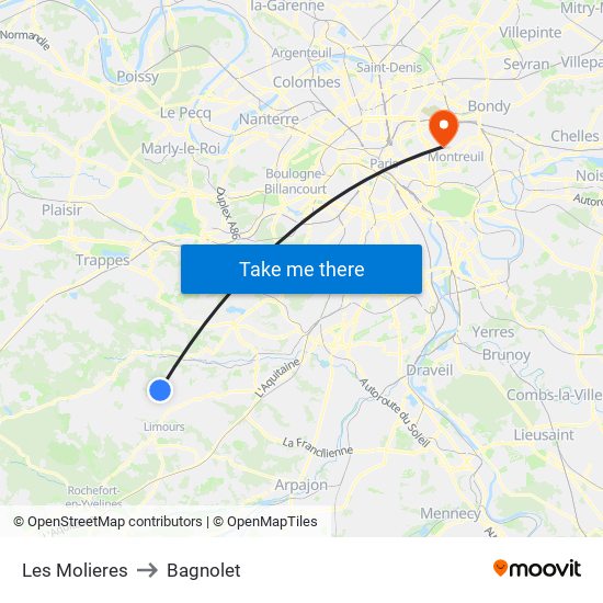 Les Molieres to Bagnolet map