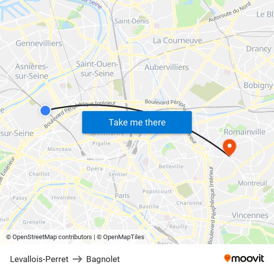 Levallois-Perret to Bagnolet map