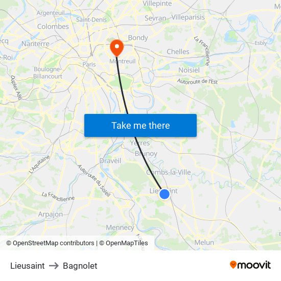 Lieusaint to Bagnolet map