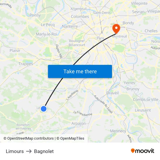 Limours to Bagnolet map