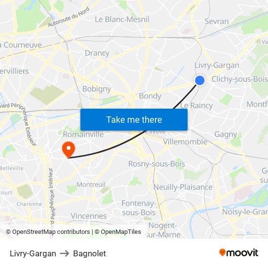 Livry-Gargan to Bagnolet map