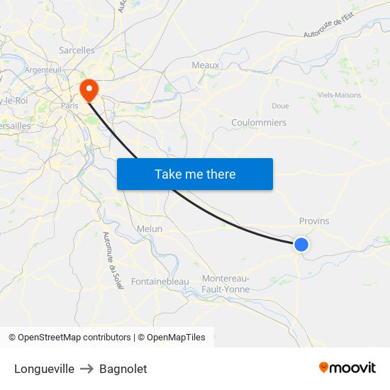 Longueville to Bagnolet map