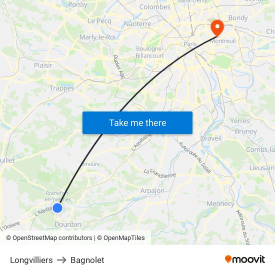 Longvilliers to Bagnolet map
