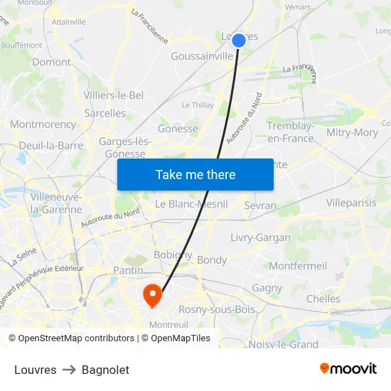 Louvres to Bagnolet map