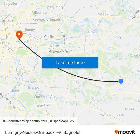 Lumigny-Nesles-Ormeaux to Bagnolet map