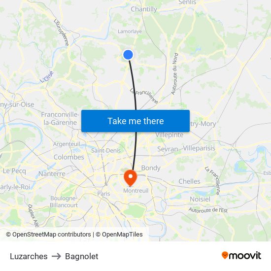 Luzarches to Bagnolet map