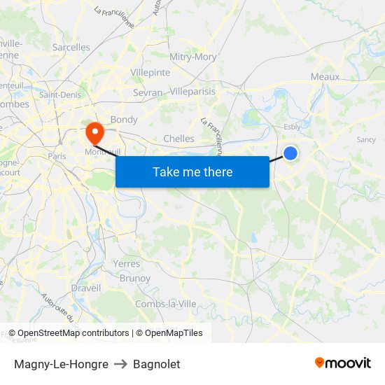 Magny-Le-Hongre to Bagnolet map