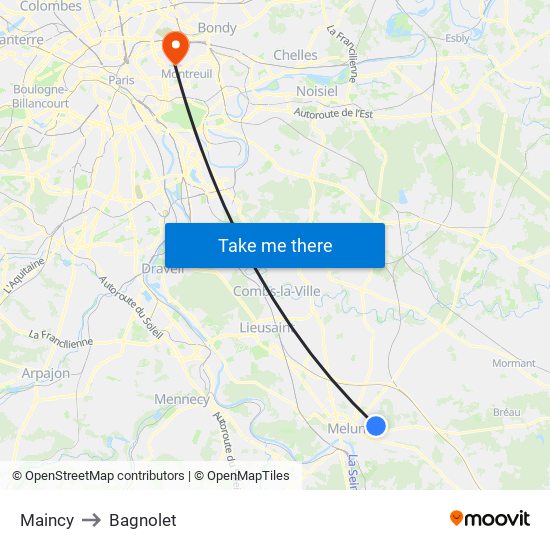 Maincy to Bagnolet map