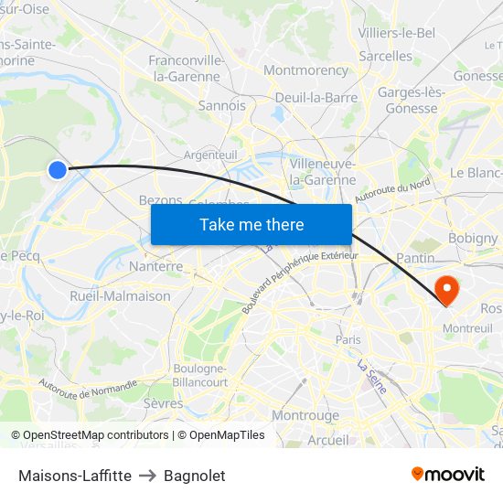 Maisons-Laffitte to Bagnolet map