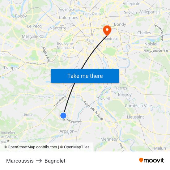 Marcoussis to Bagnolet map