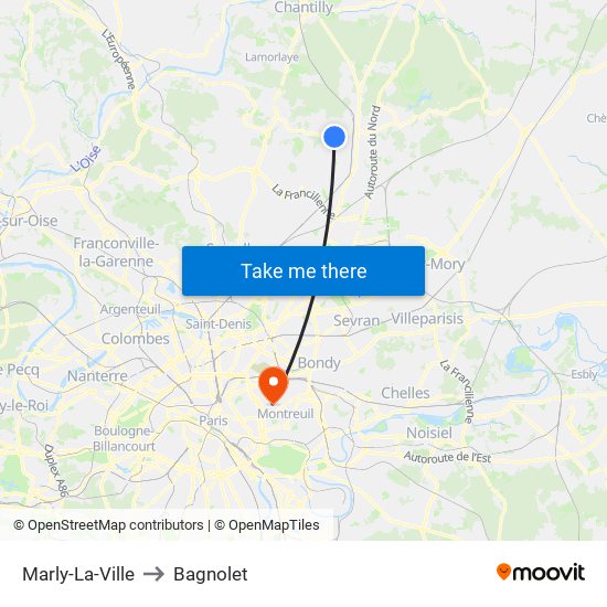 Marly-La-Ville to Bagnolet map