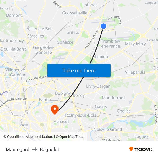 Mauregard to Bagnolet map