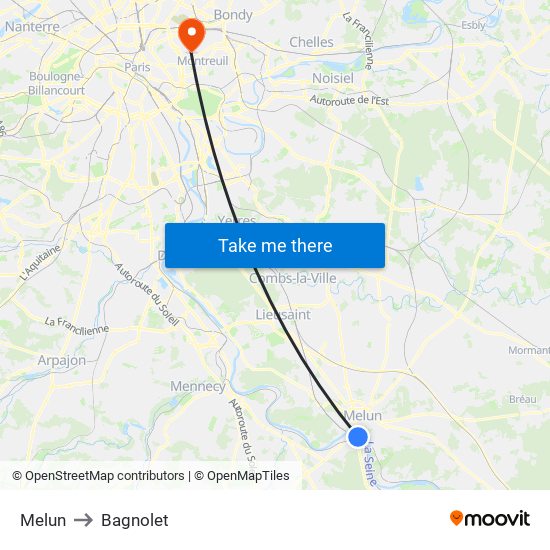 Melun to Bagnolet map