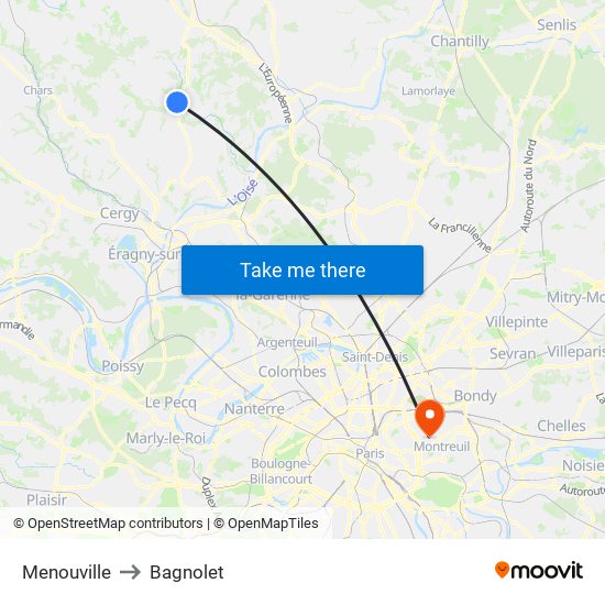 Menouville to Bagnolet map