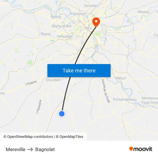 Mereville to Bagnolet map