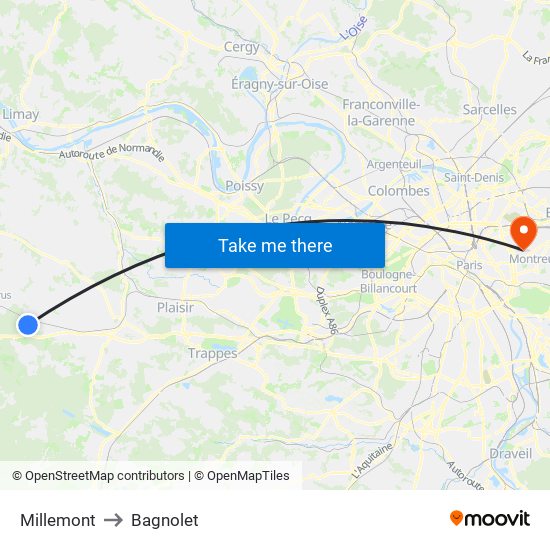 Millemont to Bagnolet map