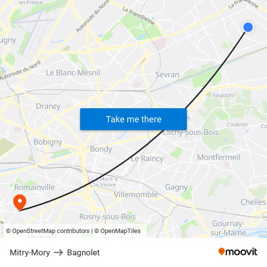 Mitry-Mory to Bagnolet map