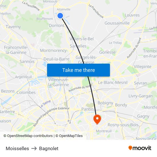 Moisselles to Bagnolet map