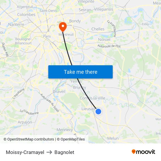 Moissy-Cramayel to Bagnolet map