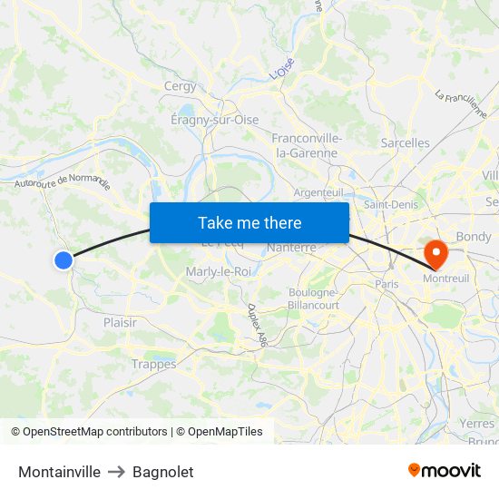 Montainville to Bagnolet map