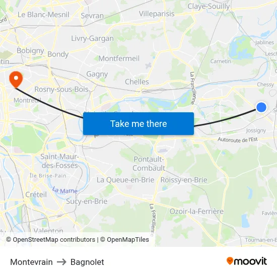 Montevrain to Bagnolet map