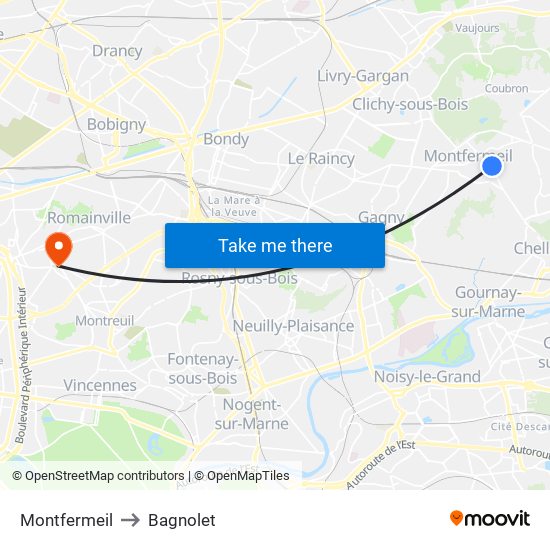 Montfermeil to Bagnolet map