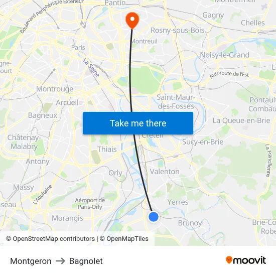 Montgeron to Bagnolet map