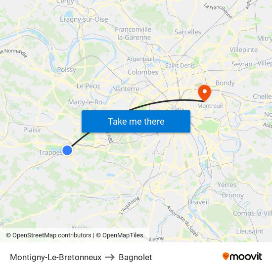 Montigny-Le-Bretonneux to Bagnolet map