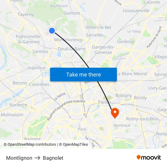 Montlignon to Bagnolet map