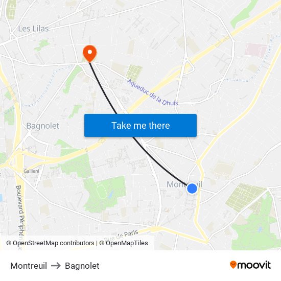 Montreuil to Bagnolet map