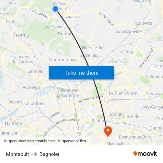 Montsoult to Bagnolet map