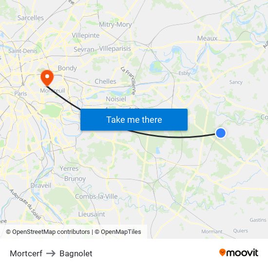 Mortcerf to Bagnolet map