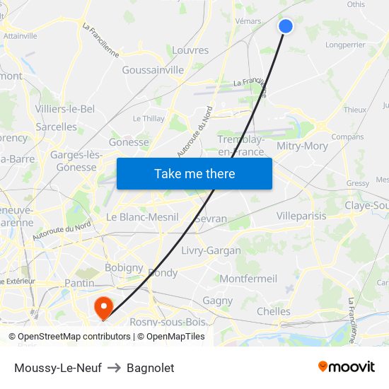 Moussy-Le-Neuf to Bagnolet map