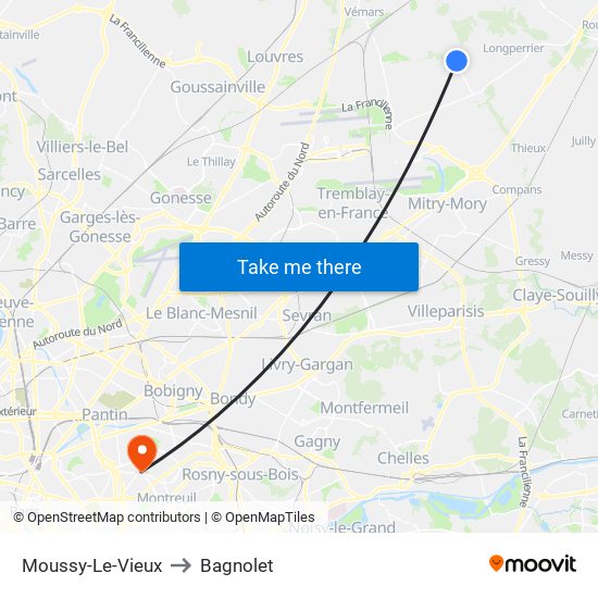 Moussy-Le-Vieux to Bagnolet map