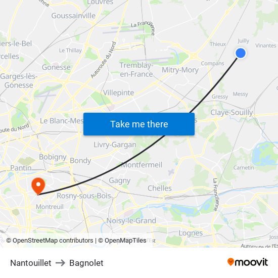 Nantouillet to Bagnolet map