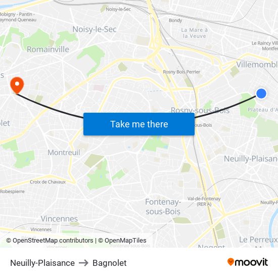 Neuilly-Plaisance to Bagnolet map