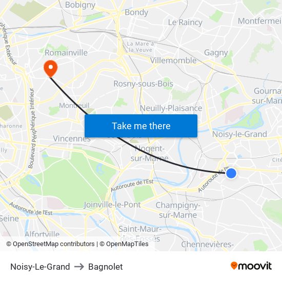 Noisy-Le-Grand to Bagnolet map