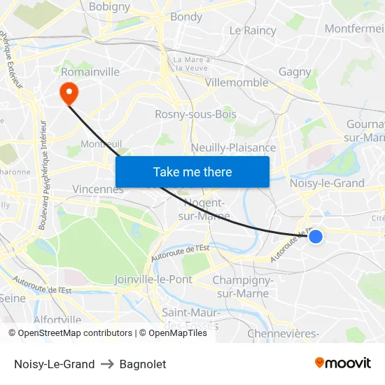 Noisy-Le-Grand to Bagnolet map