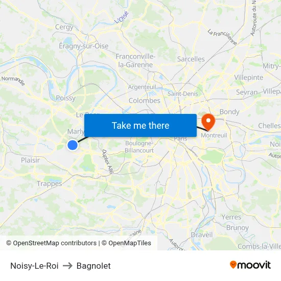 Noisy-Le-Roi to Bagnolet map