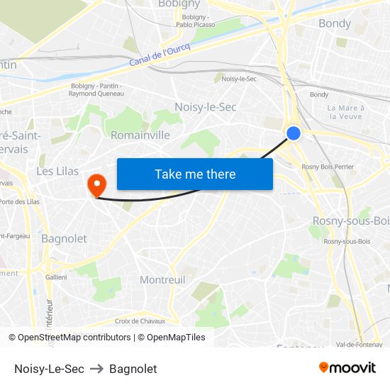 Noisy-Le-Sec to Bagnolet map