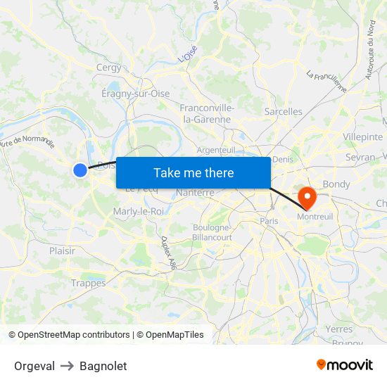 Orgeval to Bagnolet map