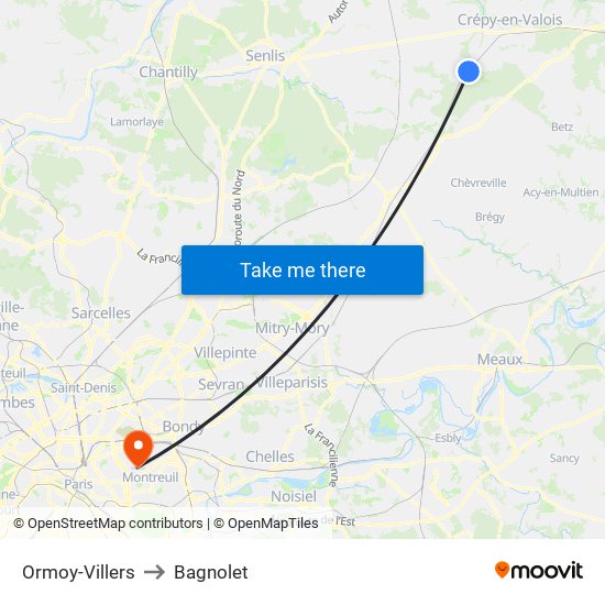 Ormoy-Villers to Bagnolet map