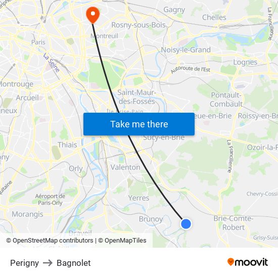 Perigny to Bagnolet map