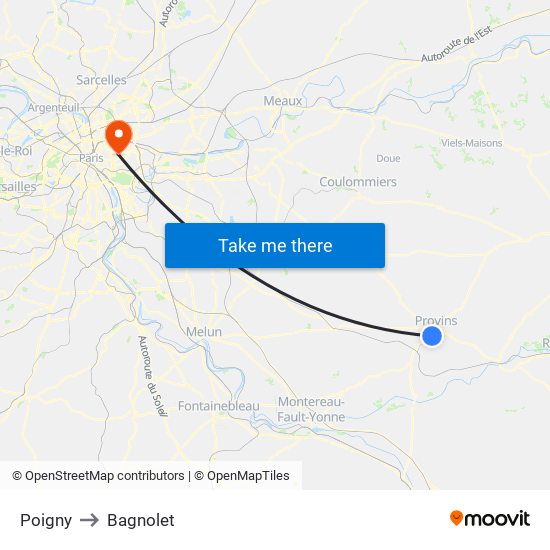 Poigny to Bagnolet map