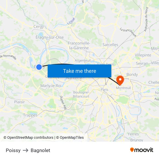 Poissy to Bagnolet map