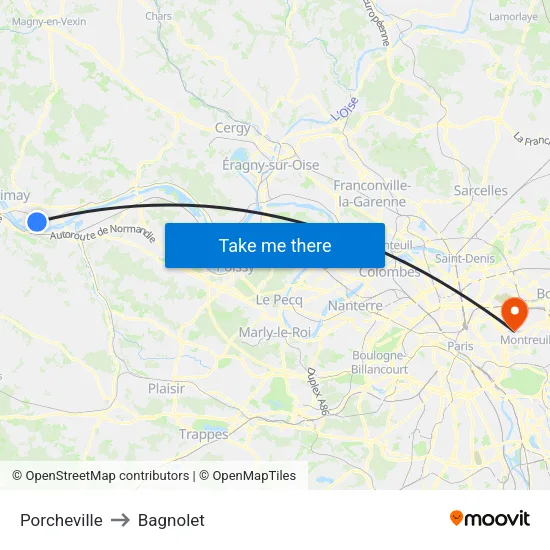 Porcheville to Bagnolet map