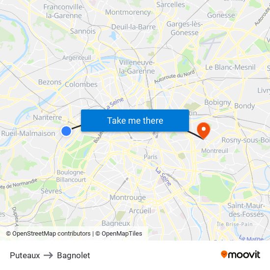 Puteaux to Bagnolet map