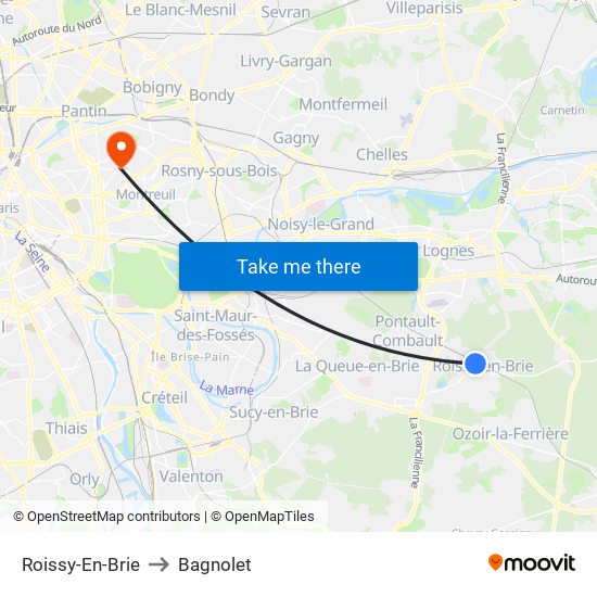 Roissy-En-Brie to Bagnolet map