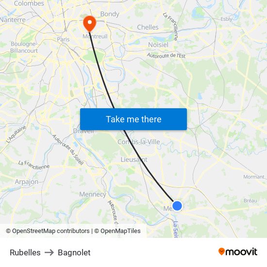 Rubelles to Bagnolet map