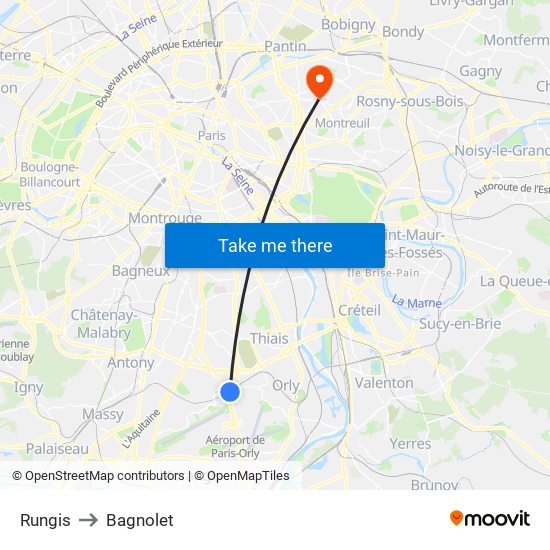 Rungis to Bagnolet map